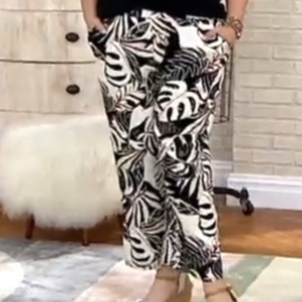 Susan Graver LARGE Tropical Print Linen Blend Pull-On 25" Crop Pants NWOT